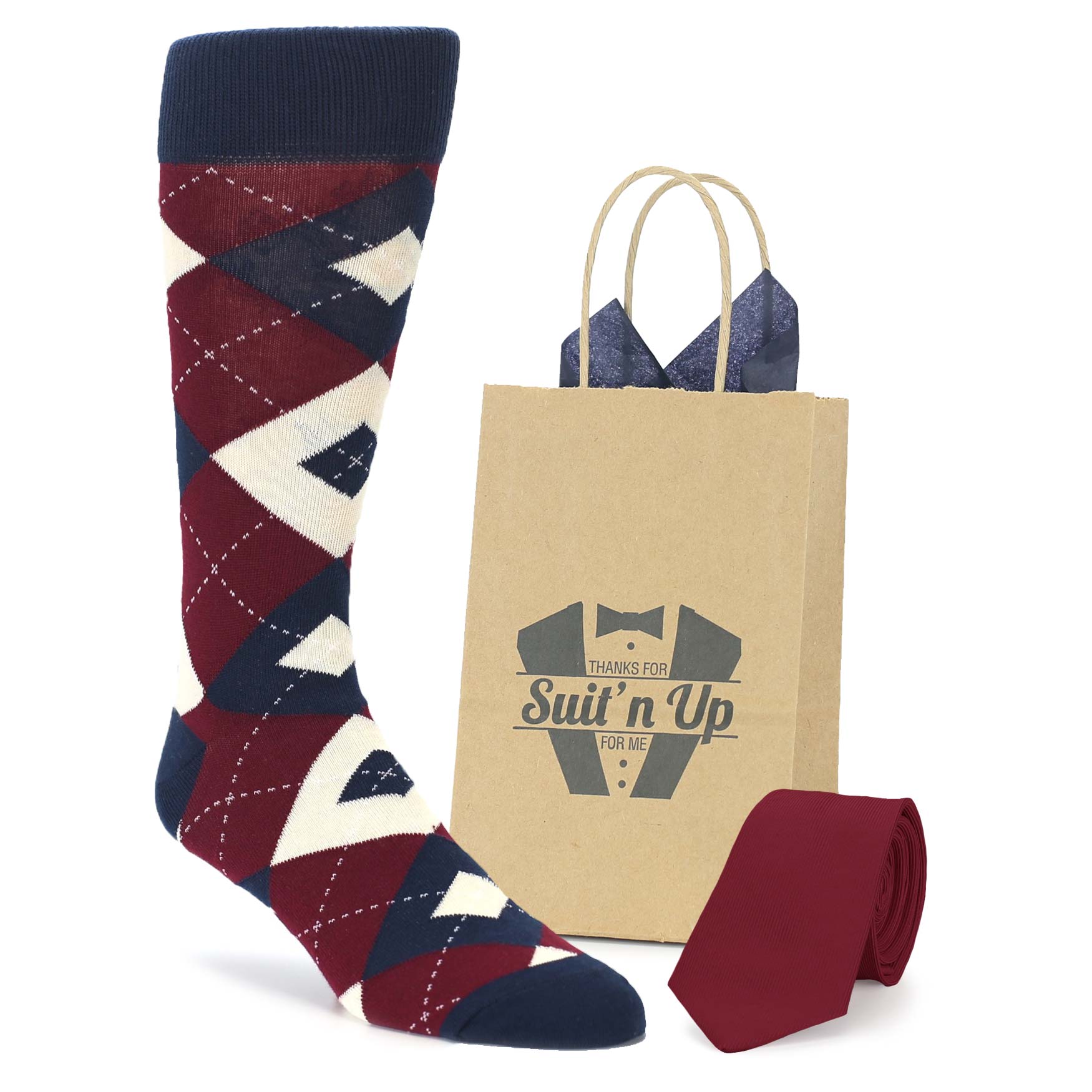 Burgundy Navy Argyle Wedding Groomsmen Men's Dress Socks with Matching Necktie