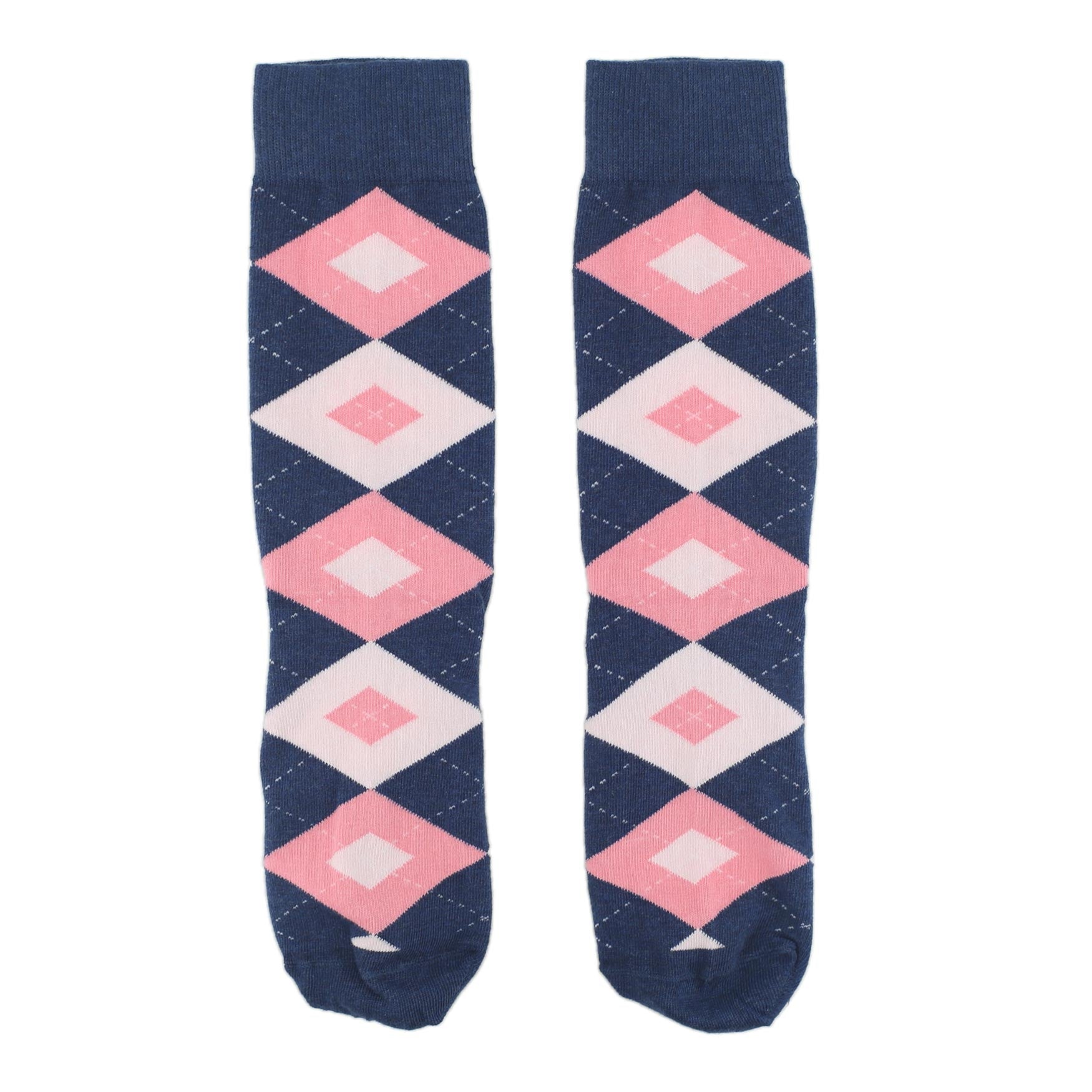 Flamingo Petal Pink Navy Argyle Wedding Groomsmen Men's Dress Socks with Matching Bow Tie
