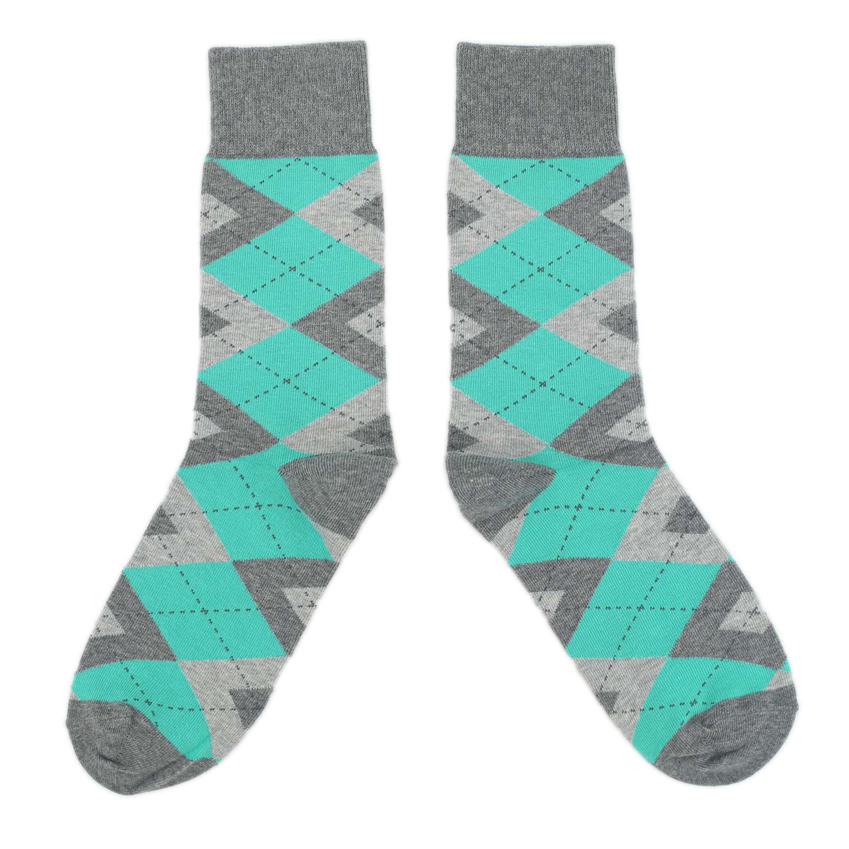 Turquoise Gray Argyle Wedding Groomsmen Men’s Dress Socks