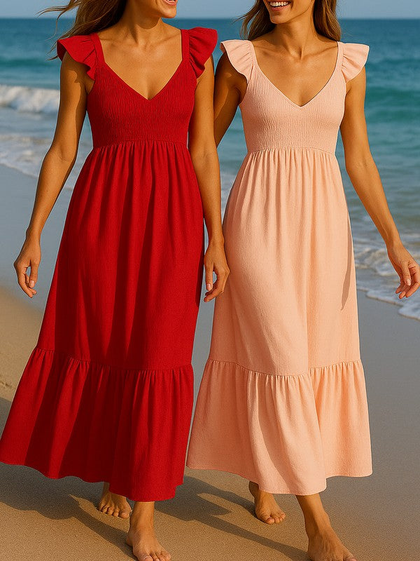 Cotton Flutter Smocked High Waist Ruffle Maxi