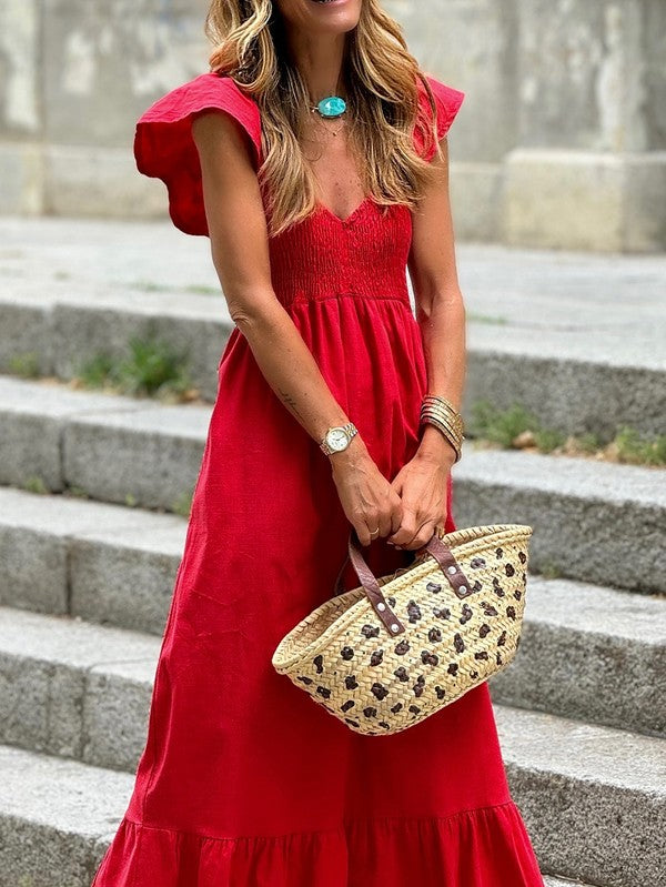 Cotton Flutter Smocked High Waist Ruffle Maxi