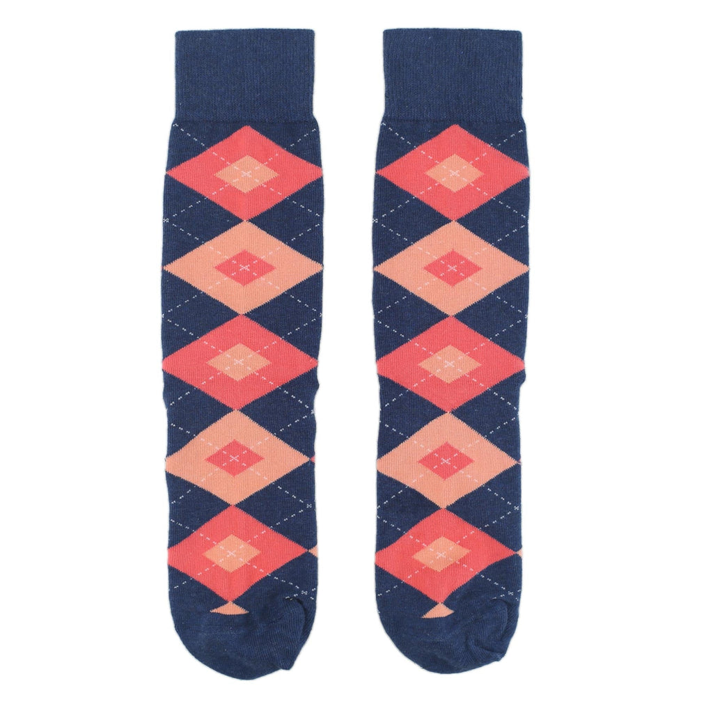 Sunset Orange Navy Argyle Men's Dress Socks