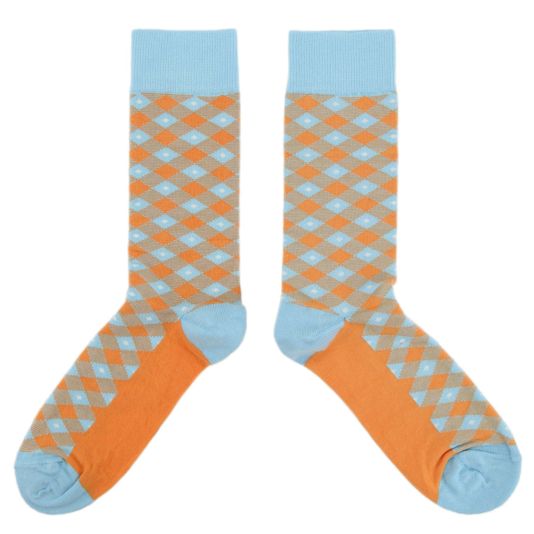 Blue Orange Diamond Plaid Men's Dress Socks