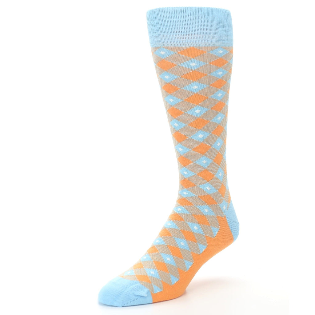 Blue Orange Diamond Plaid Men's Dress Socks