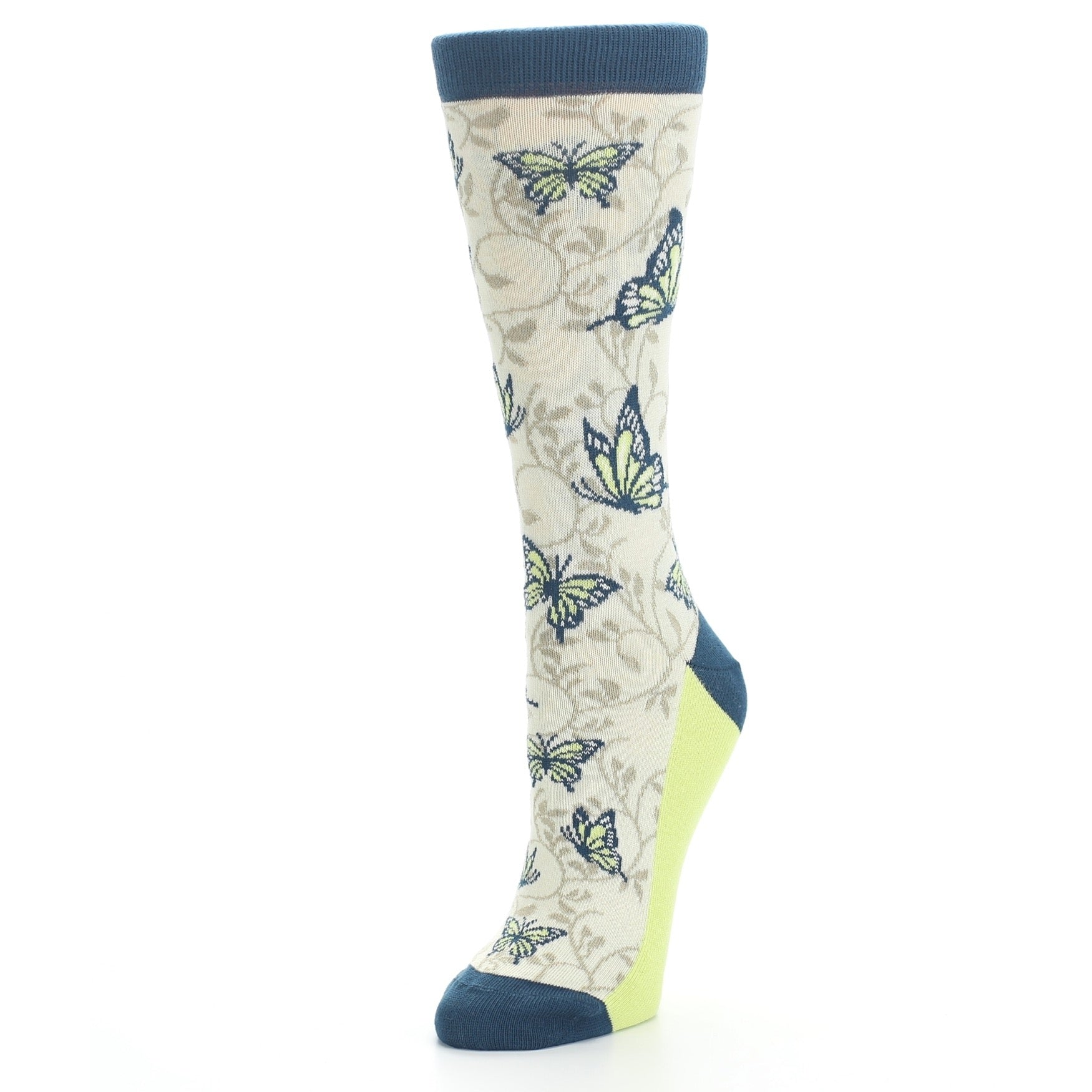 Beige Navy Lime Butterfly Women's Dress Socks