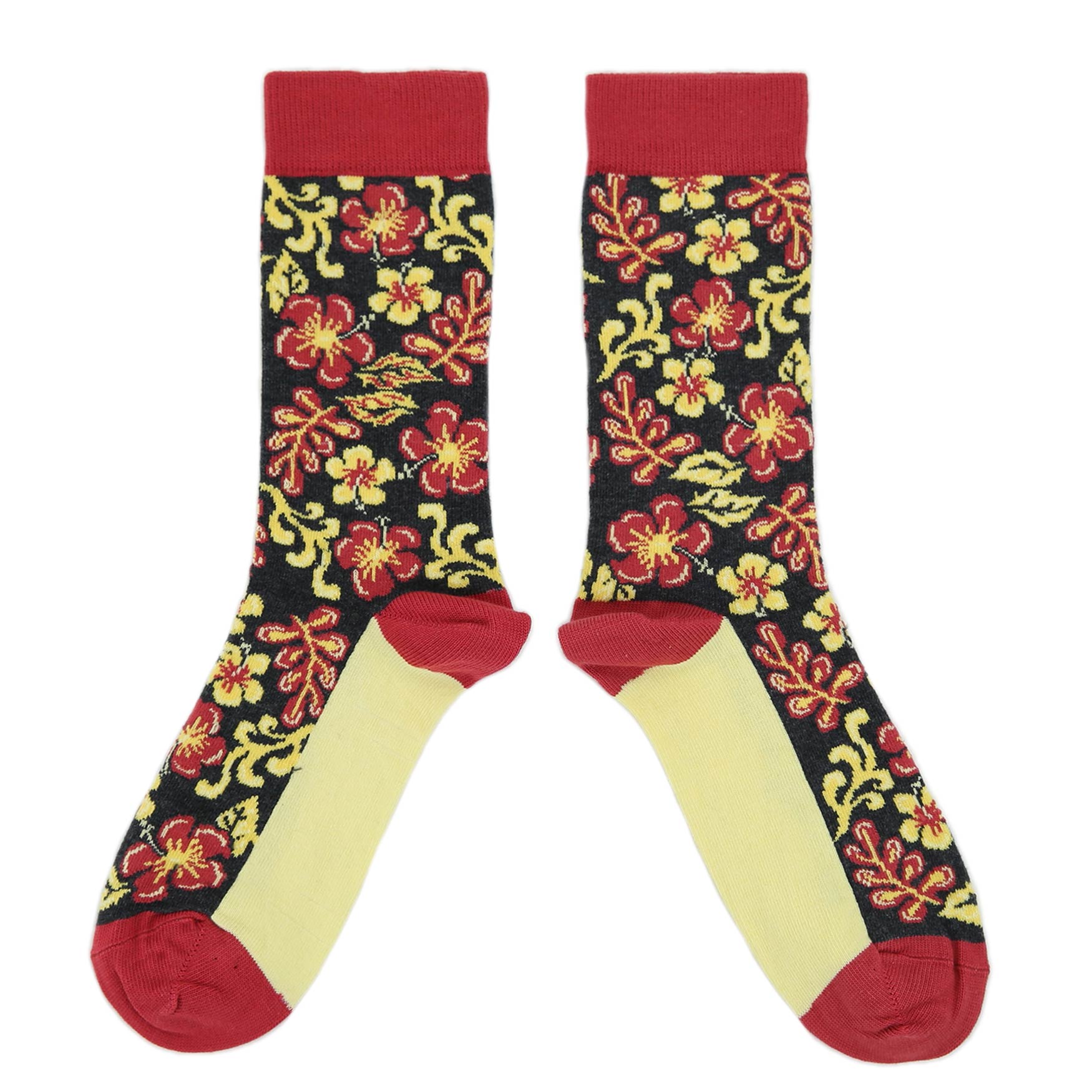 Charcoal Red Yellow Hawaiian Flower Women's Dress Socks