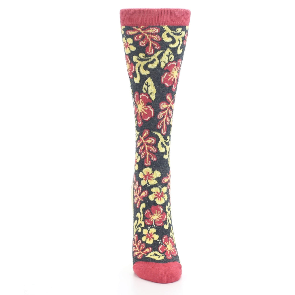 Charcoal Red Yellow Hawaiian Flower Women's Dress Socks