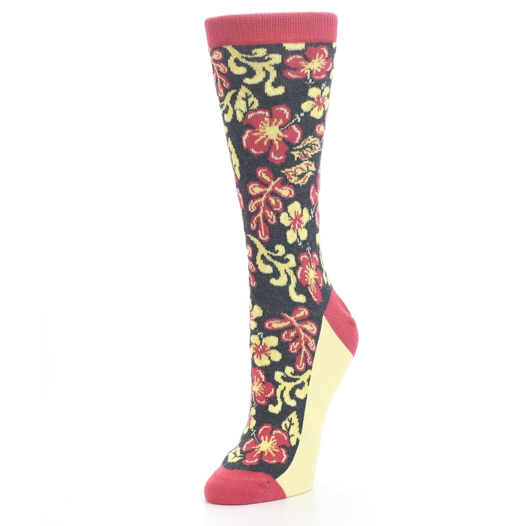 Charcoal Red Yellow Hawaiian Flower Women's Dress Socks
