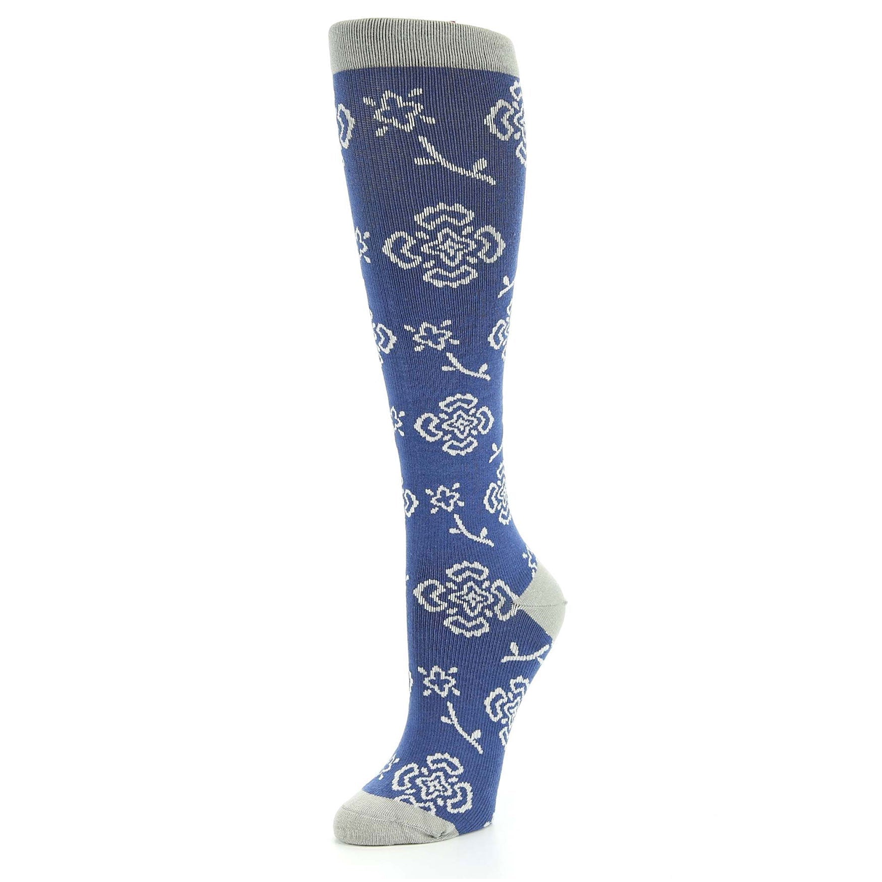 Blue Gray Floral Compression Socks - Women's Knee High Socks