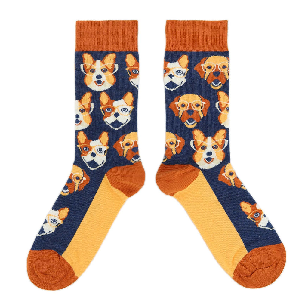 Navy Orange Dog Faces Women's Dress Socks