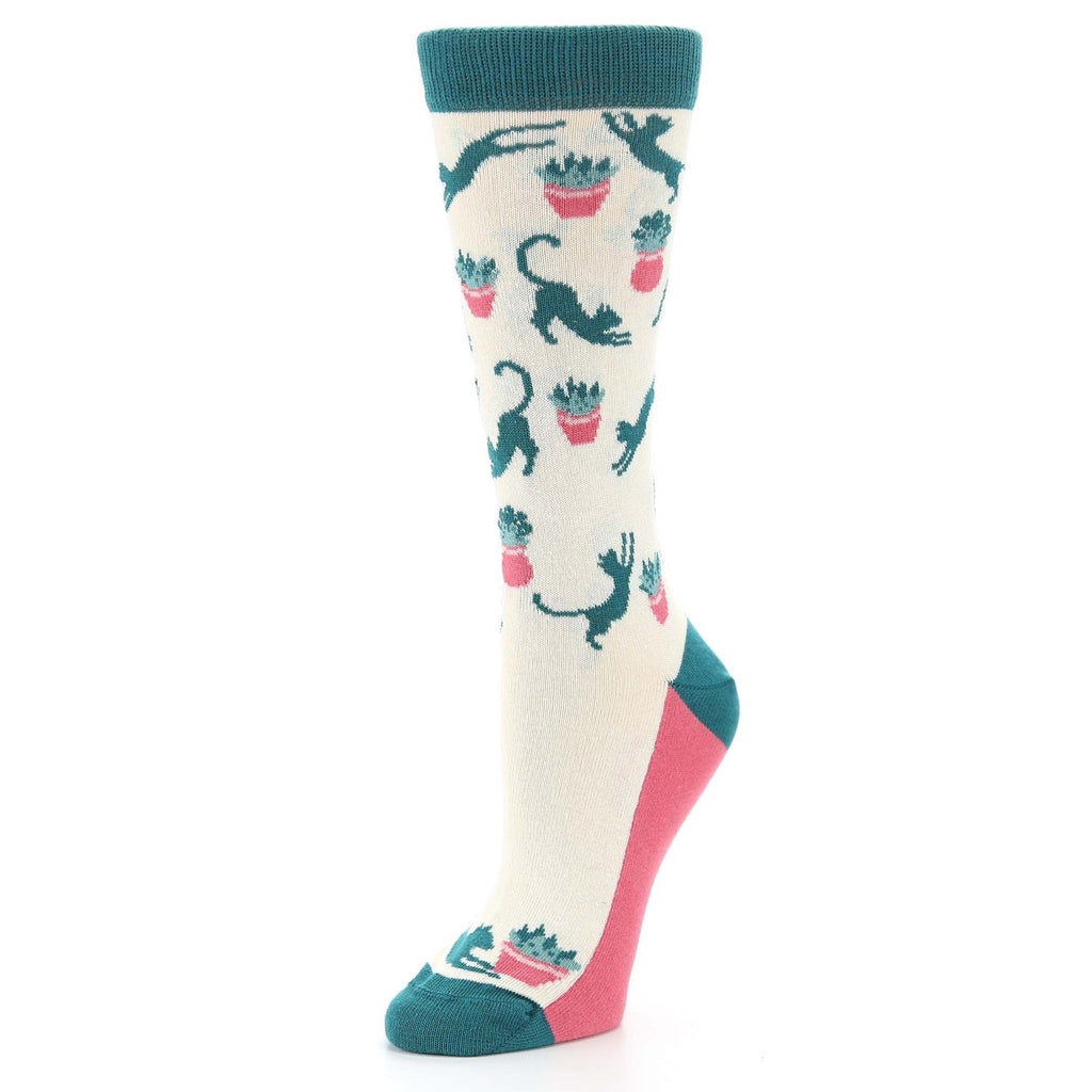 Cream Teal Cat Socks - Women's Novelty Socks