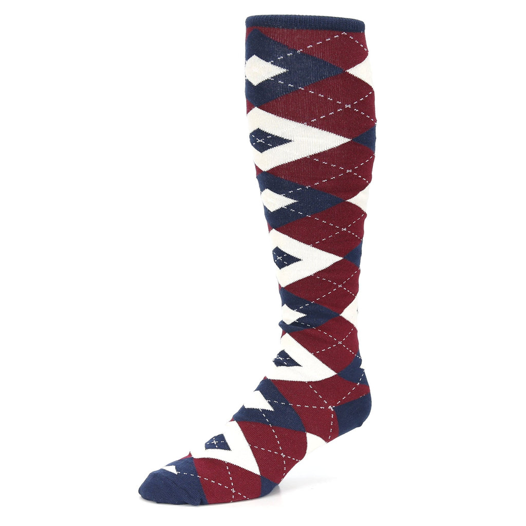 Burgundy Navy Argyle Socks - Men's Over-the-Calf Socks