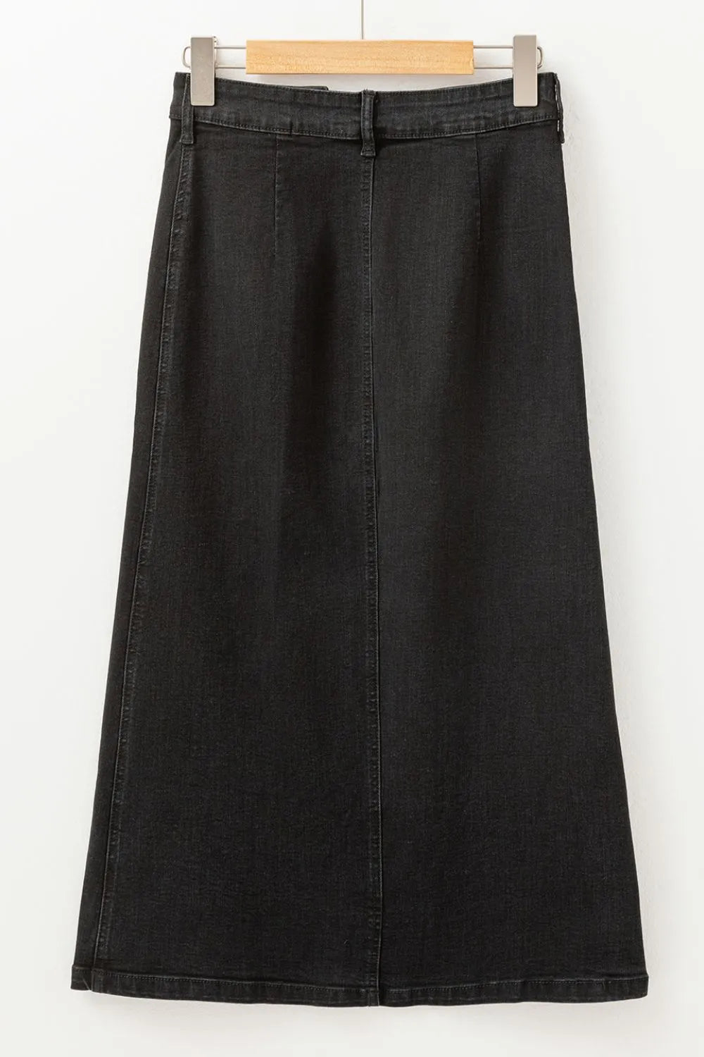 Button Fly Side Split Denim Midi Skirt