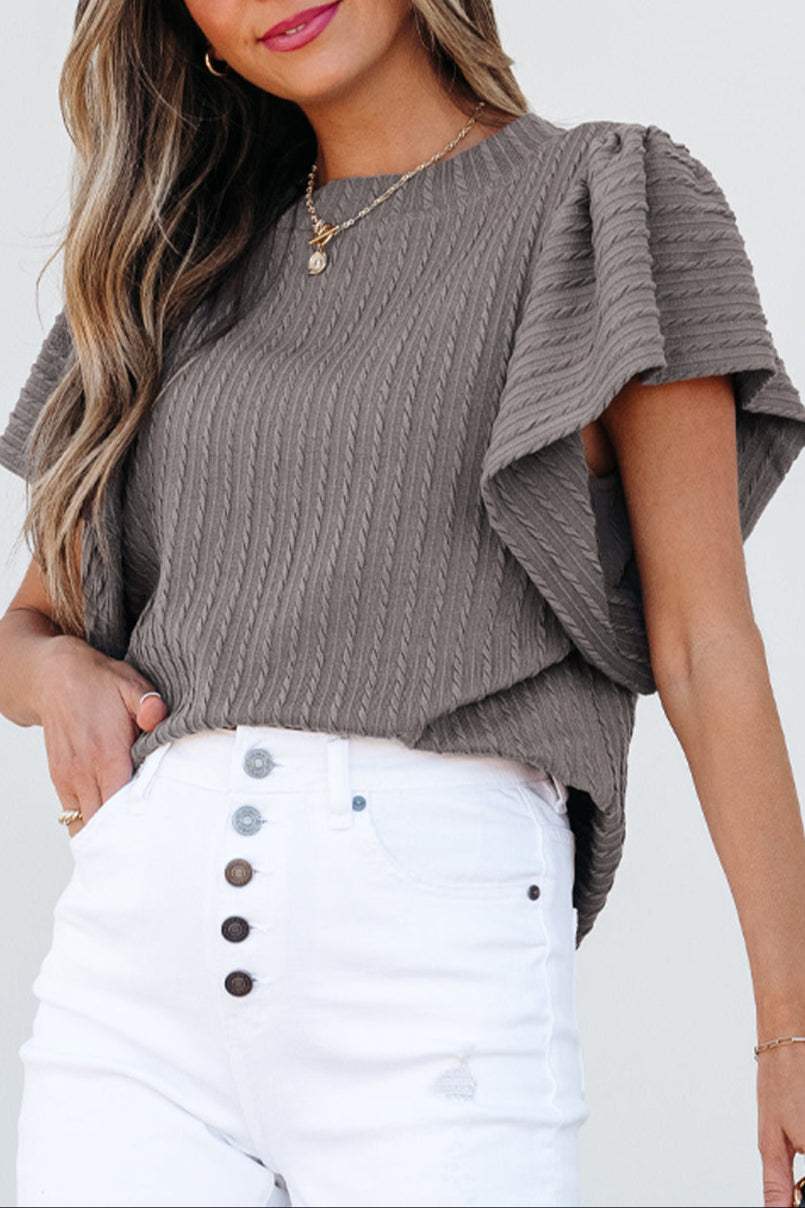 Solid Cable Textured Flutter Sleeve Top