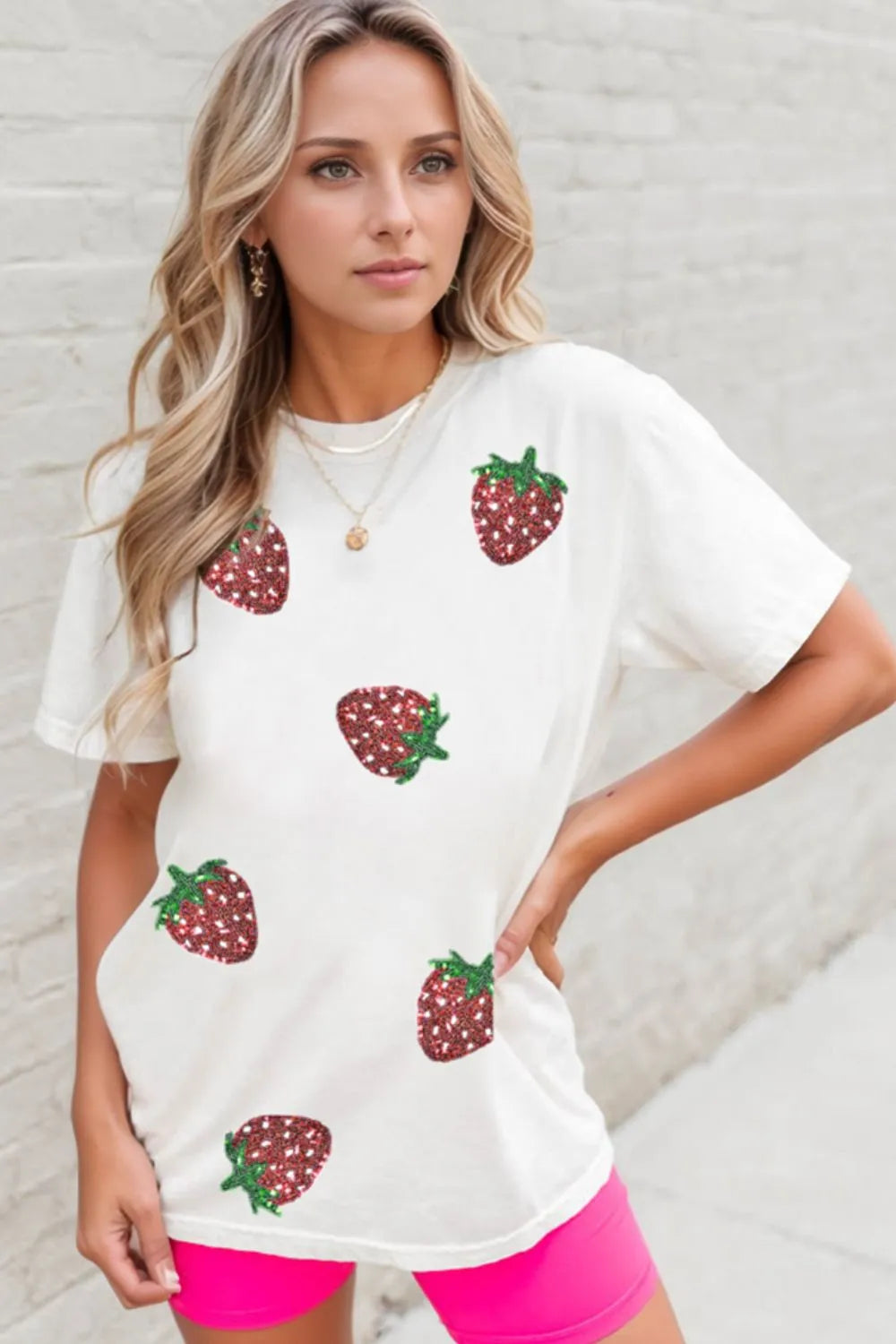 Sequin Strawberry Crew Neck Short Sleeve T Shirt