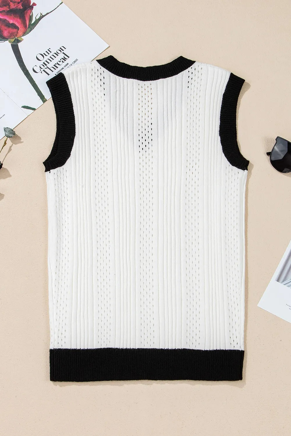 Contrast Trim Eyelet Knit V Neck Sweater Vest