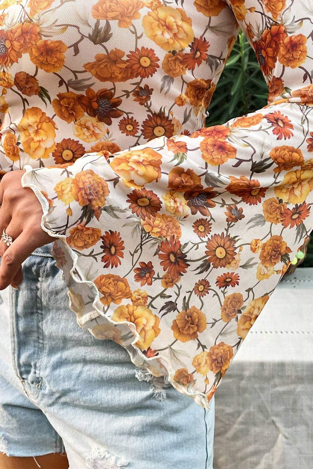 Floral Bell Sleeve Mock Neck Blouse