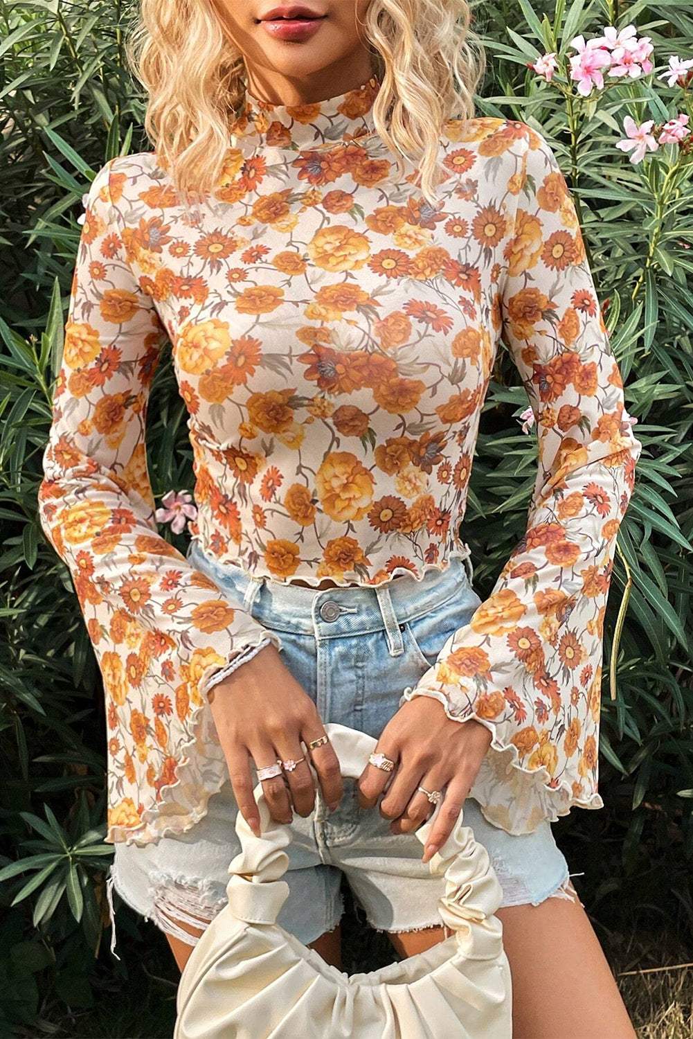 Floral Bell Sleeve Mock Neck Blouse