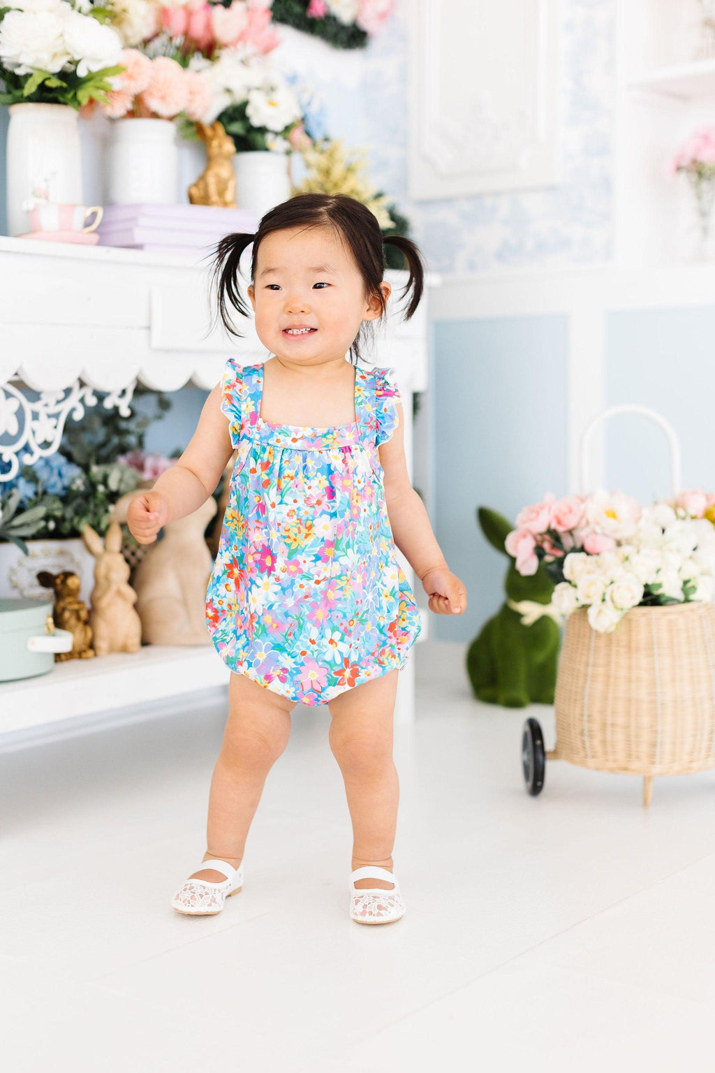 Preppy Floral Ruffle Cross Back Romper