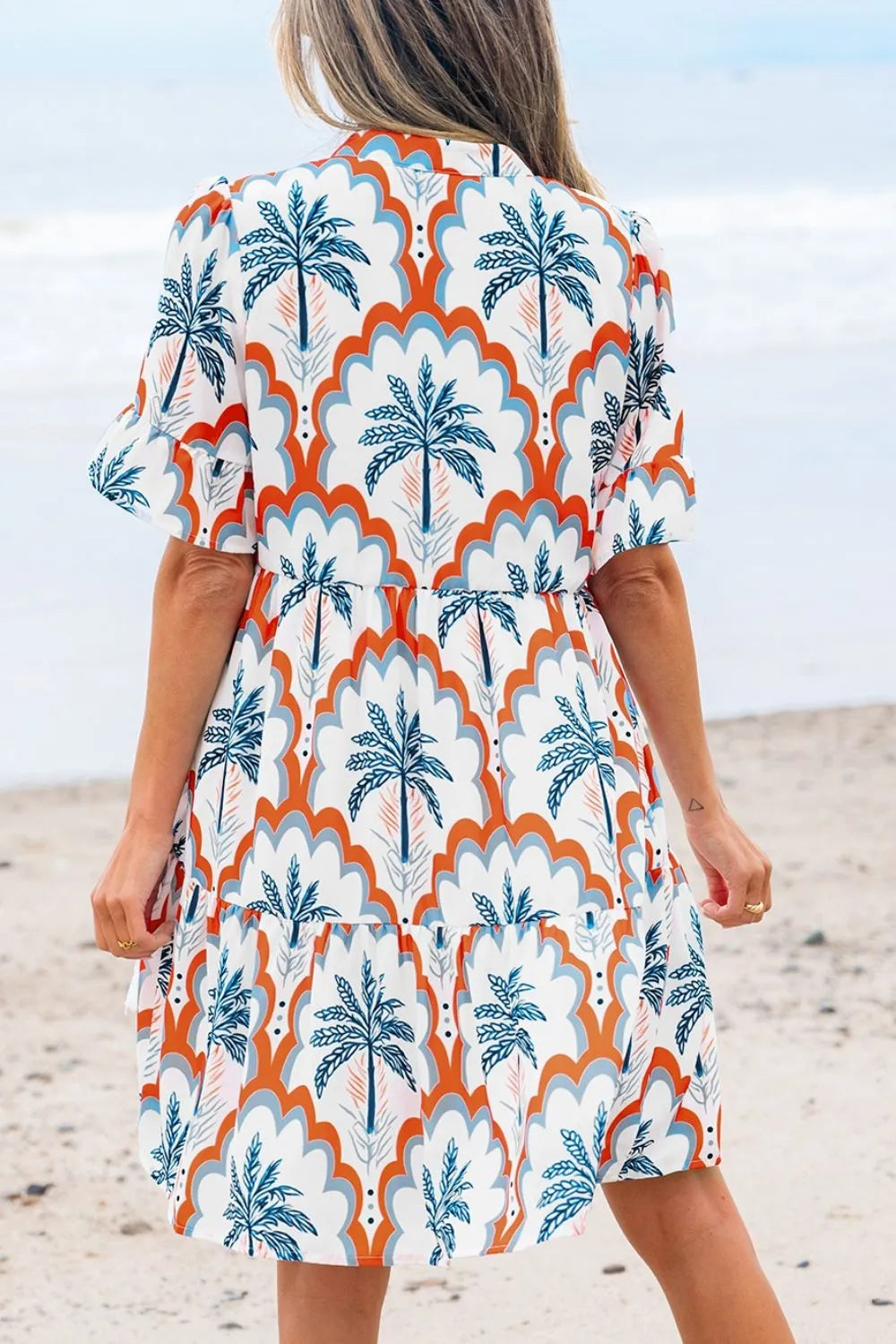 Contrast Palm Tree Printed Short Sleeve Flowy Dress