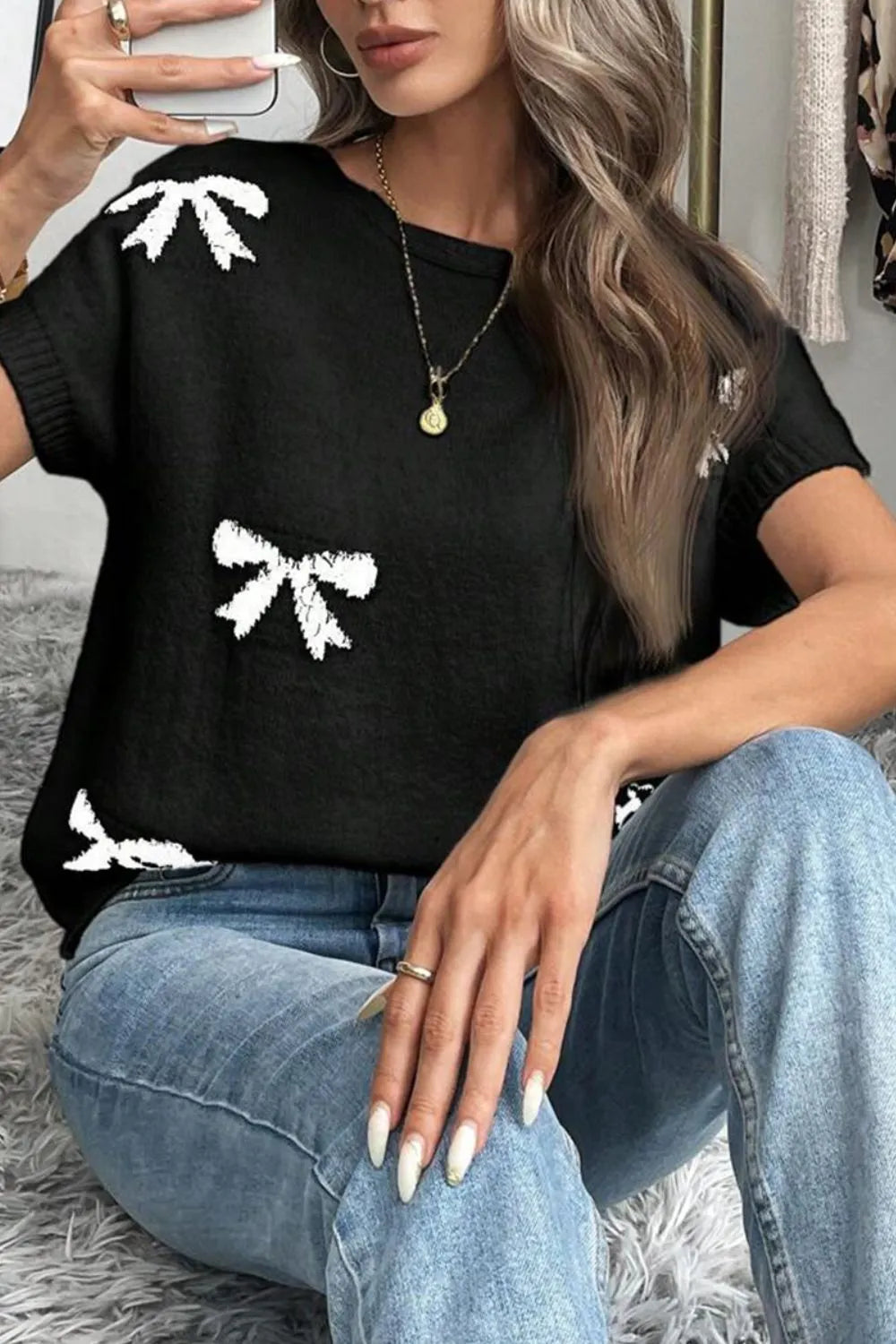 Bow Pattern Knit Short Sleeve Sweater