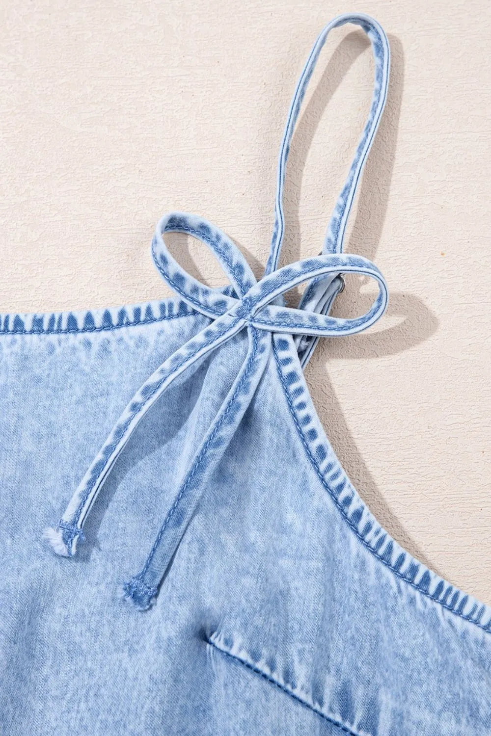 Bow Detail Spaghetti Straps Ruffle Hem Denim Dress