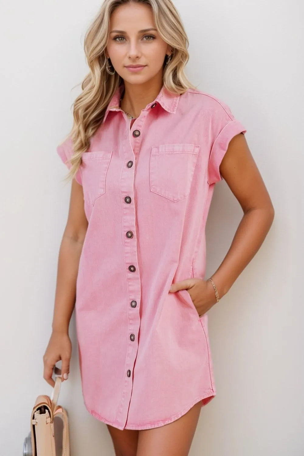 Button Down Short Sleeve Denim Dress