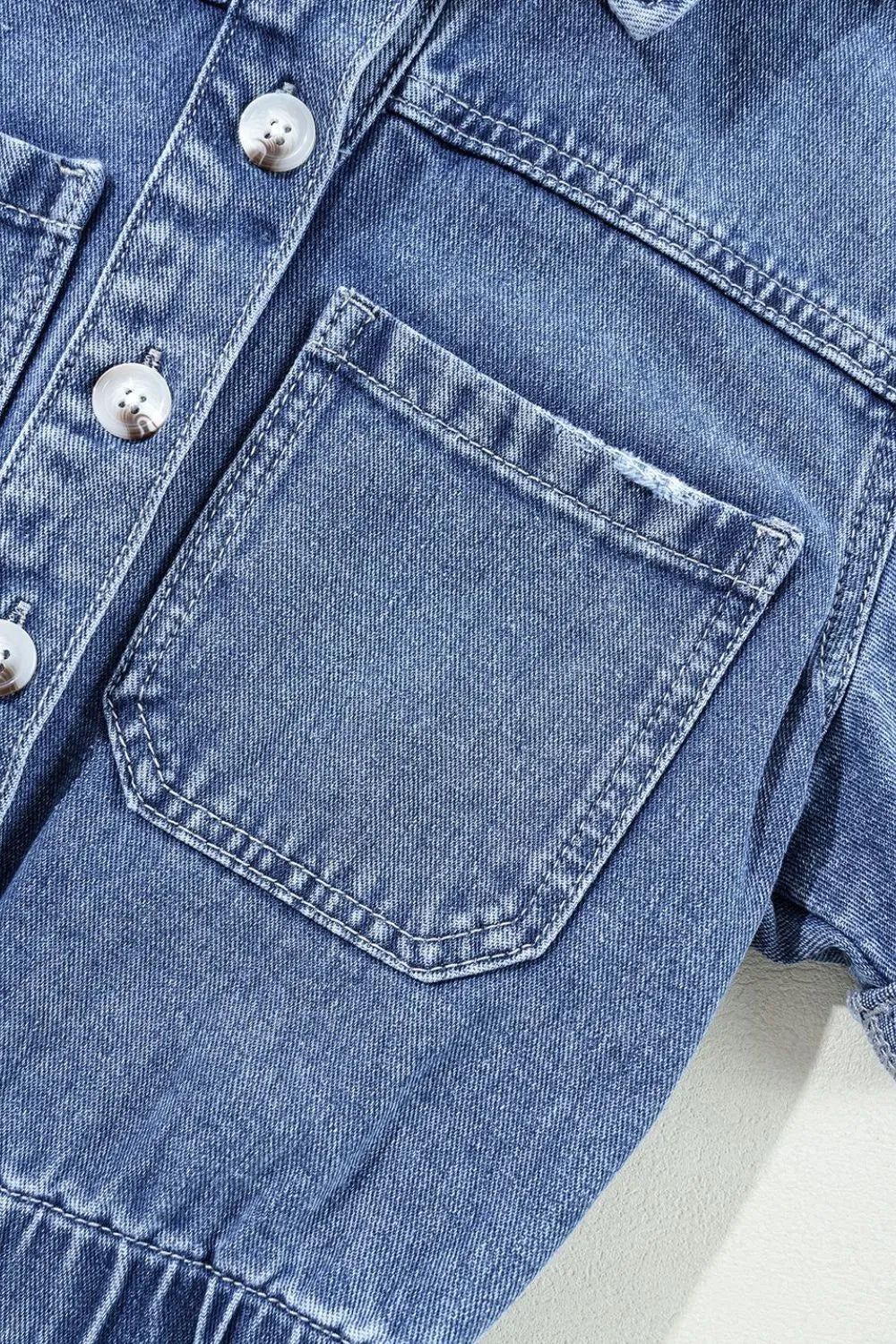 Chest Pocket Front Buttoned Folded Edge Denim Short Sleeve Romper