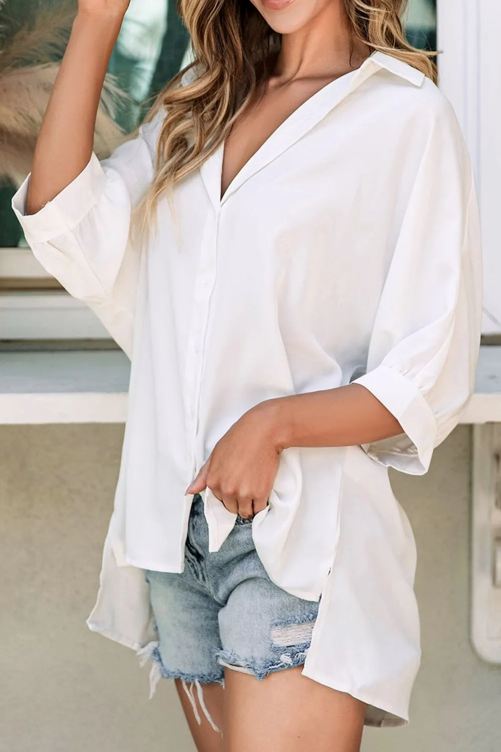 Collared Neck Three-Quarter Sleeve Shirt