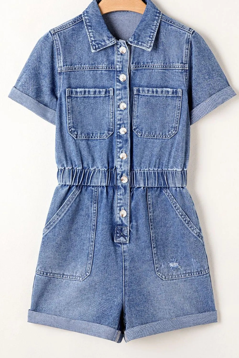 Chest Pocket Front Buttoned Folded Edge Denim Short Sleeve Romper