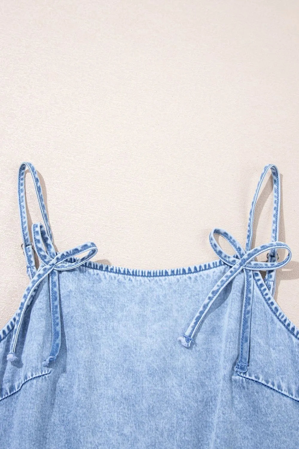 Bow Detail Spaghetti Straps Ruffle Hem Denim Dress