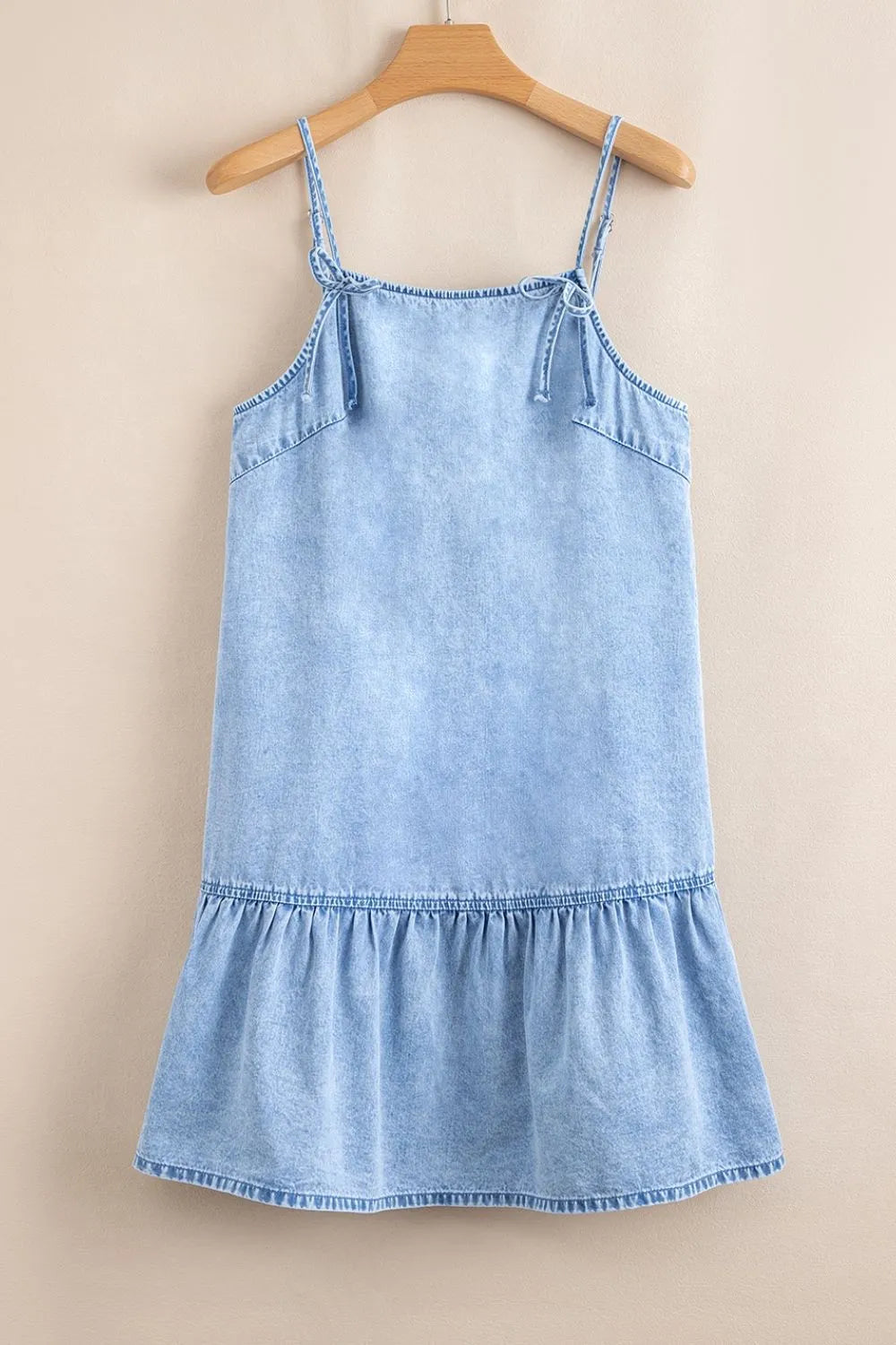 Bow Detail Spaghetti Straps Ruffle Hem Denim Dress
