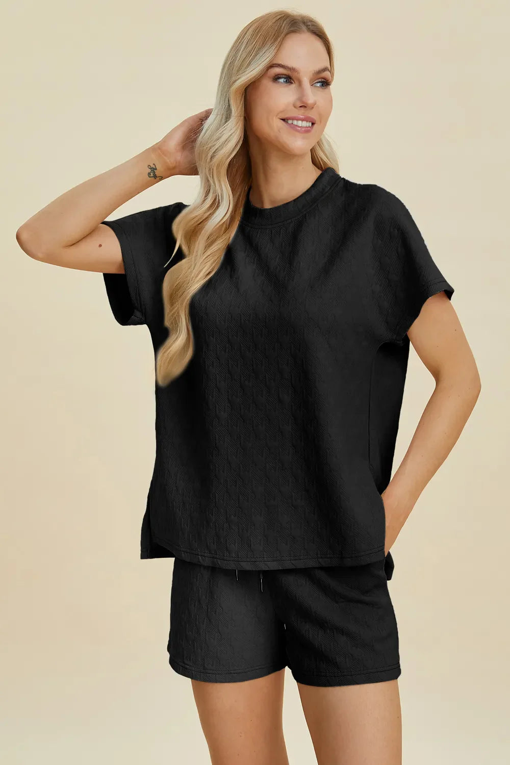Double Take Full Size Texture Round Neck Short Sleeve Top and Shorts Set