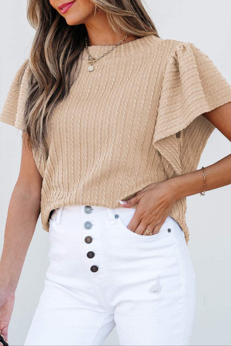 Solid Cable Textured Flutter Sleeve Top