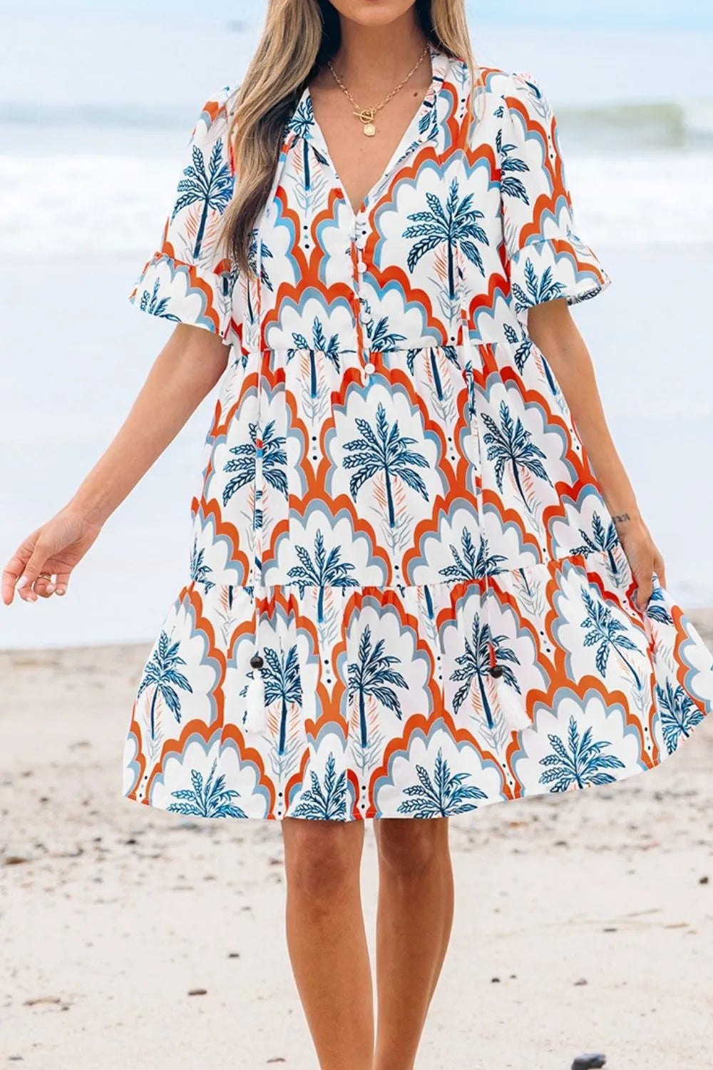 Contrast Palm Tree Printed Short Sleeve Flowy Dress
