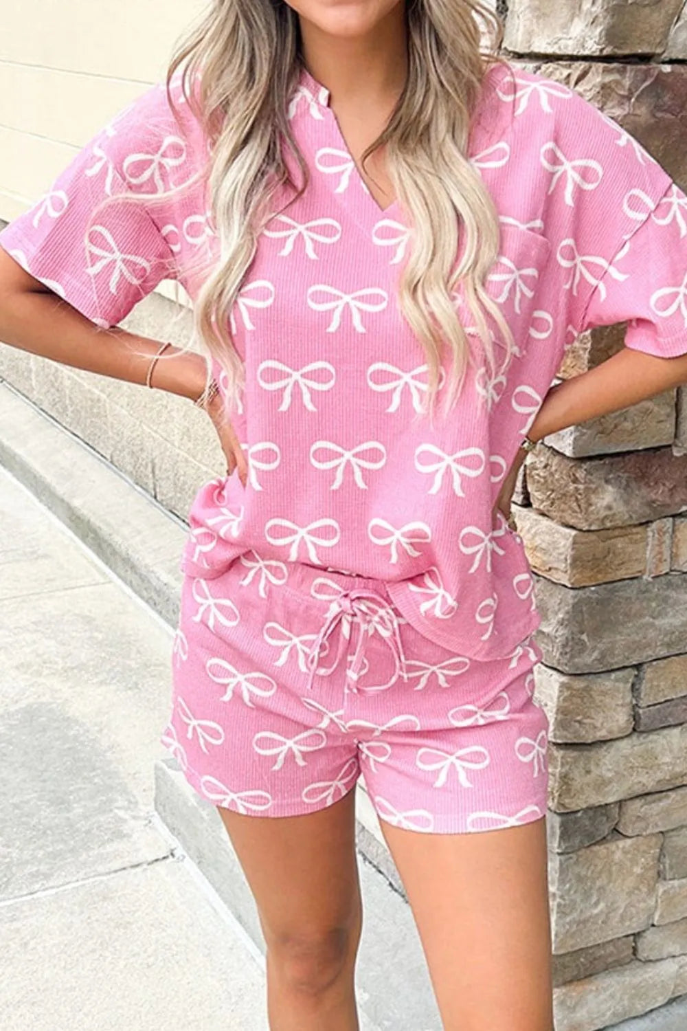 Bowknot Printed Notched T-Shirt and Shorts Set