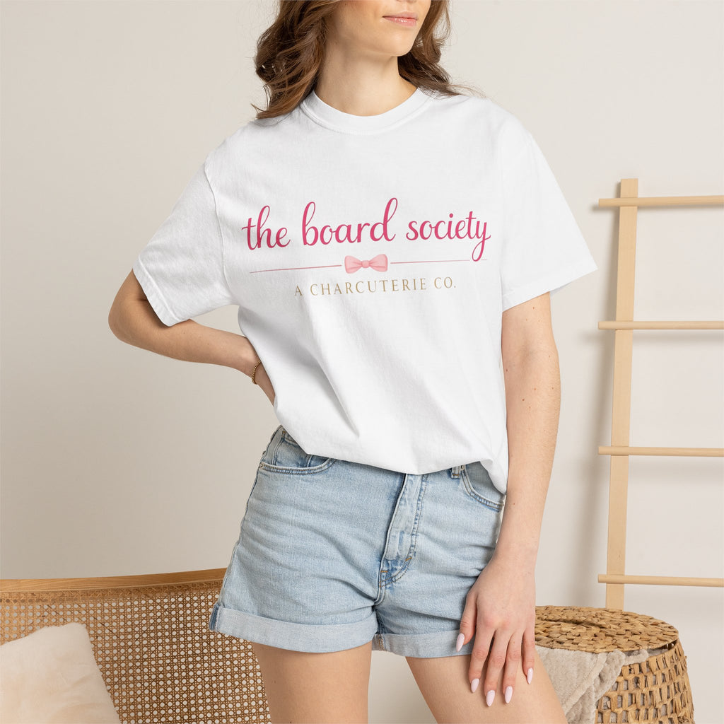 The Board Society T-Shirt — Pink Script Logo Crew Neck