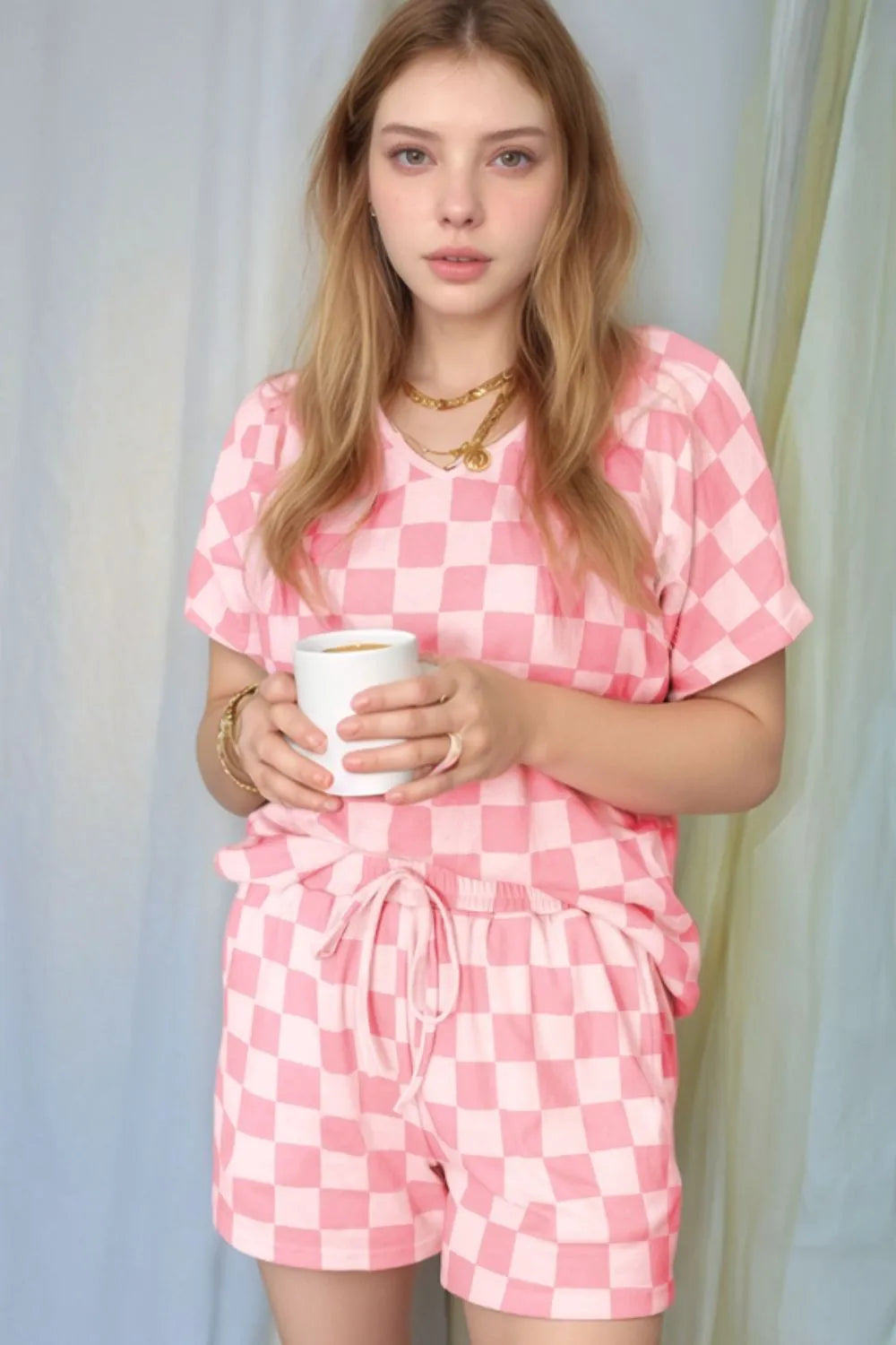 Checkered Short Sleeve Top and Shorts Set