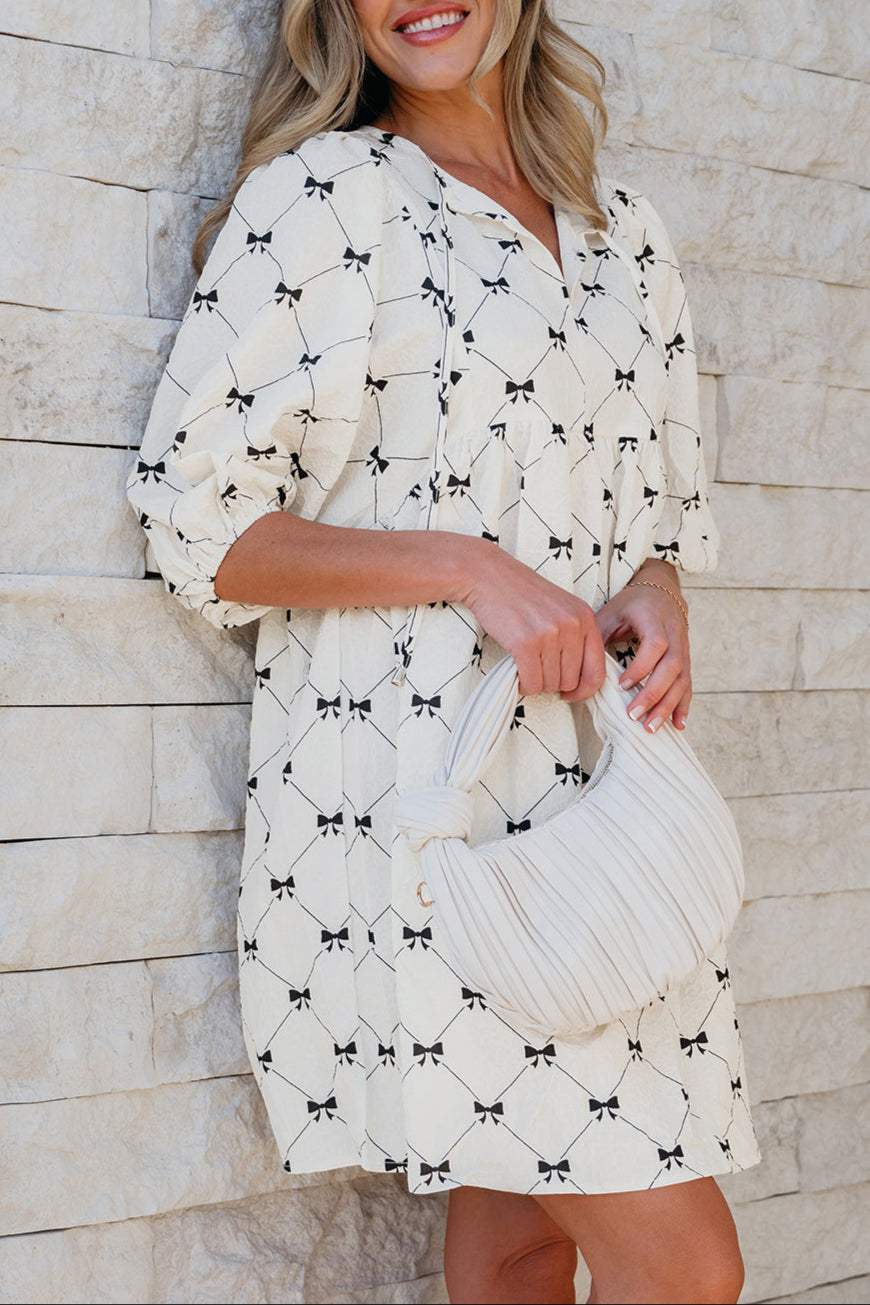Bow Textured Puff Sleeve Mini Dress