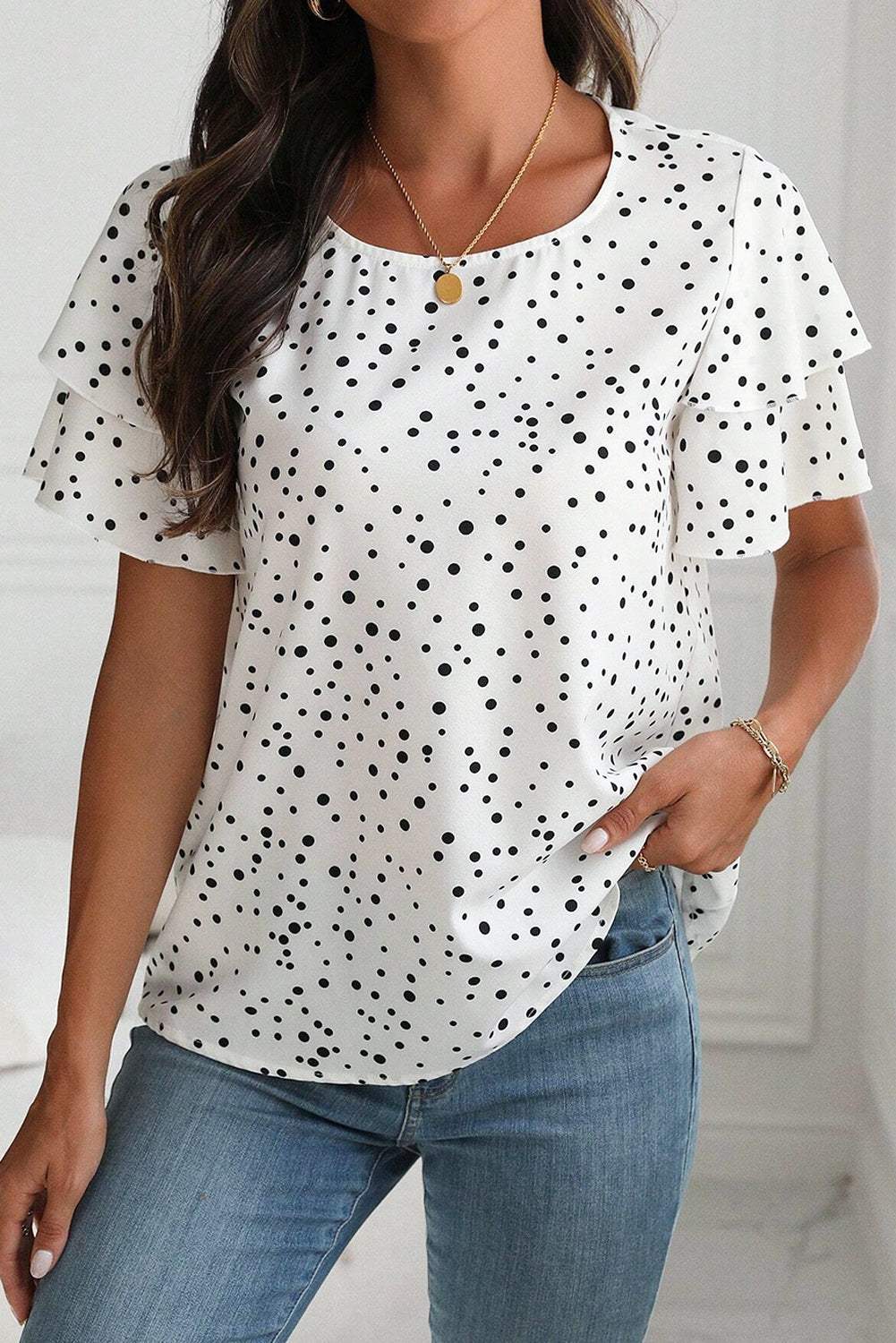 Dalmatian Dotted Ruffle Sleeve Blouse