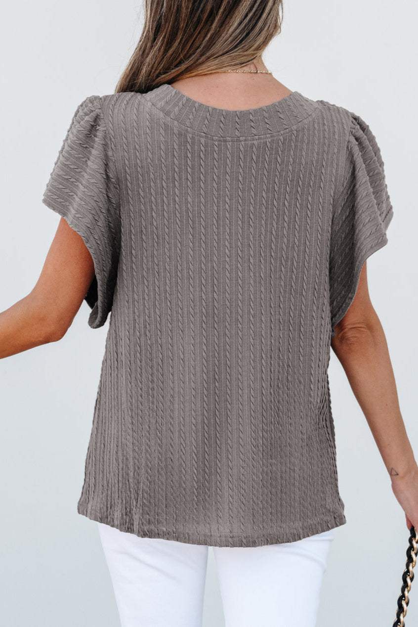 Solid Cable Textured Flutter Sleeve Top