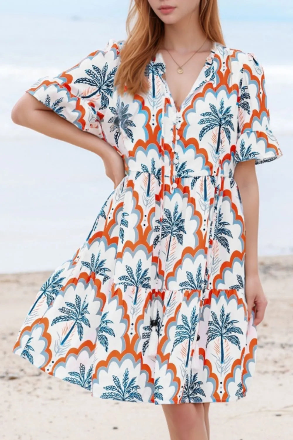 Contrast Palm Tree Printed Short Sleeve Flowy Dress