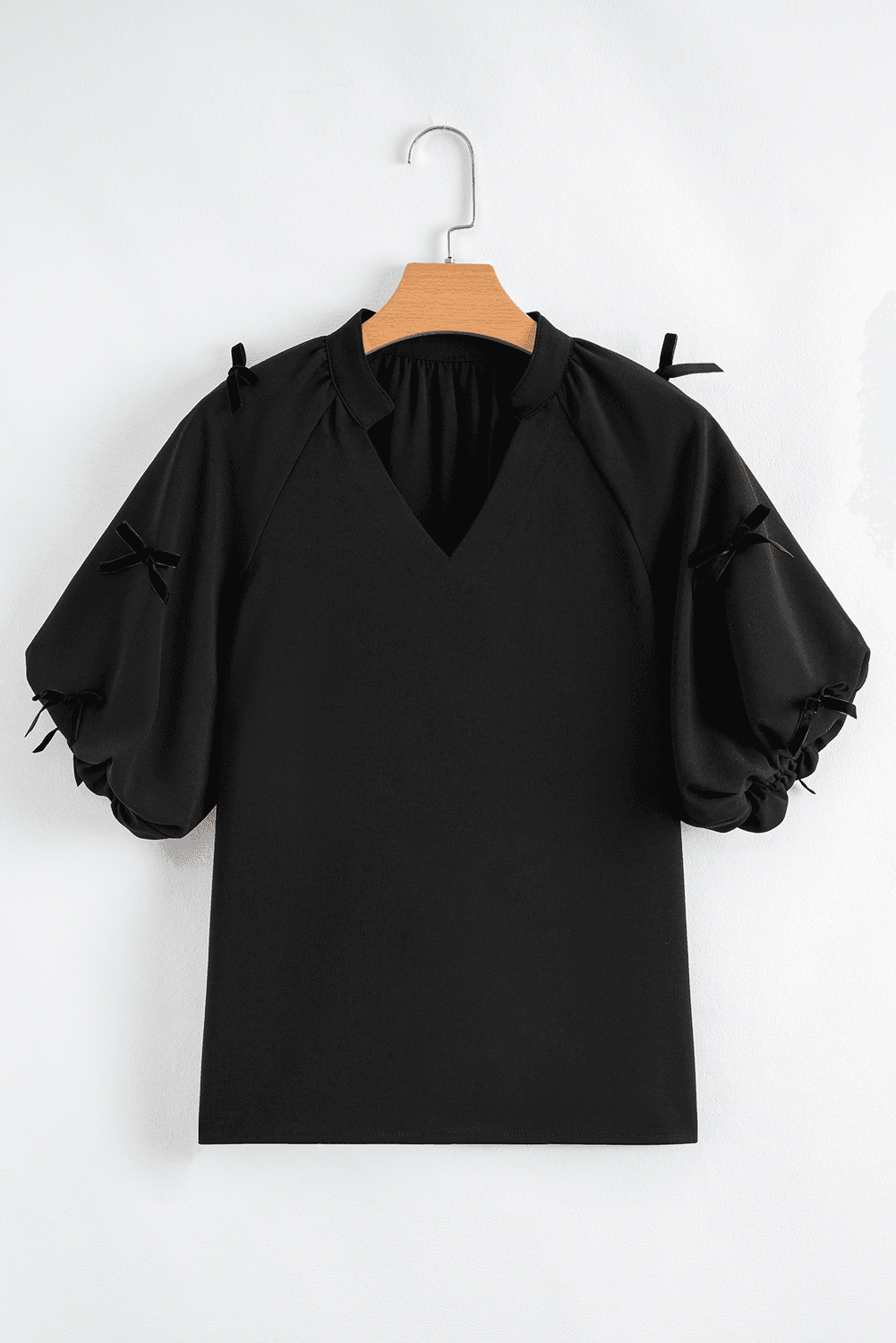 Bow Puff Sleeve V-Neck Blouse