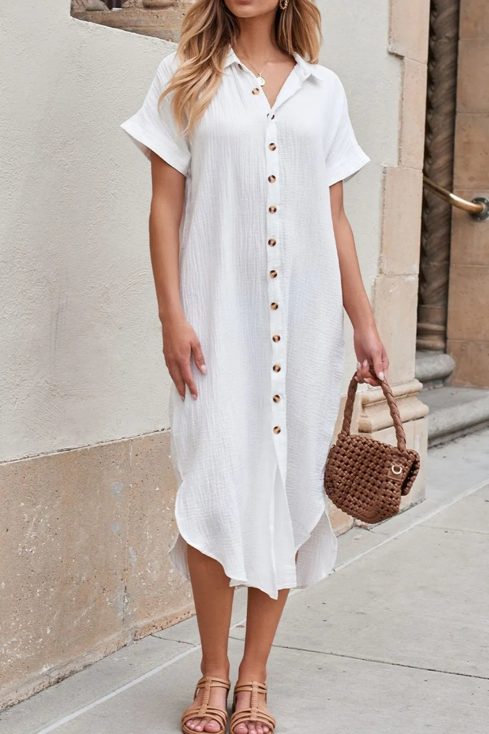 Button Down Short Sleeve Midi Shirt Dress