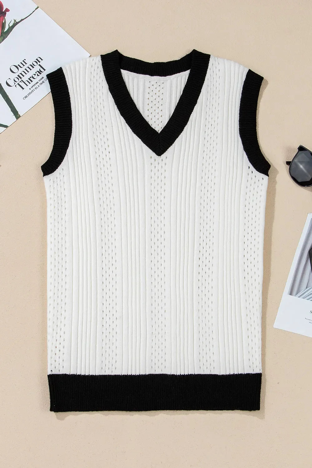 Contrast Trim Eyelet Knit V Neck Sweater Vest
