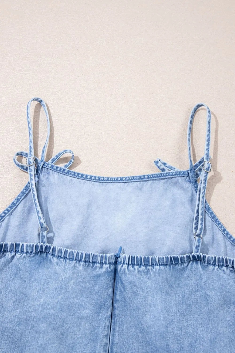 Bow Detail Spaghetti Straps Ruffle Hem Denim Dress