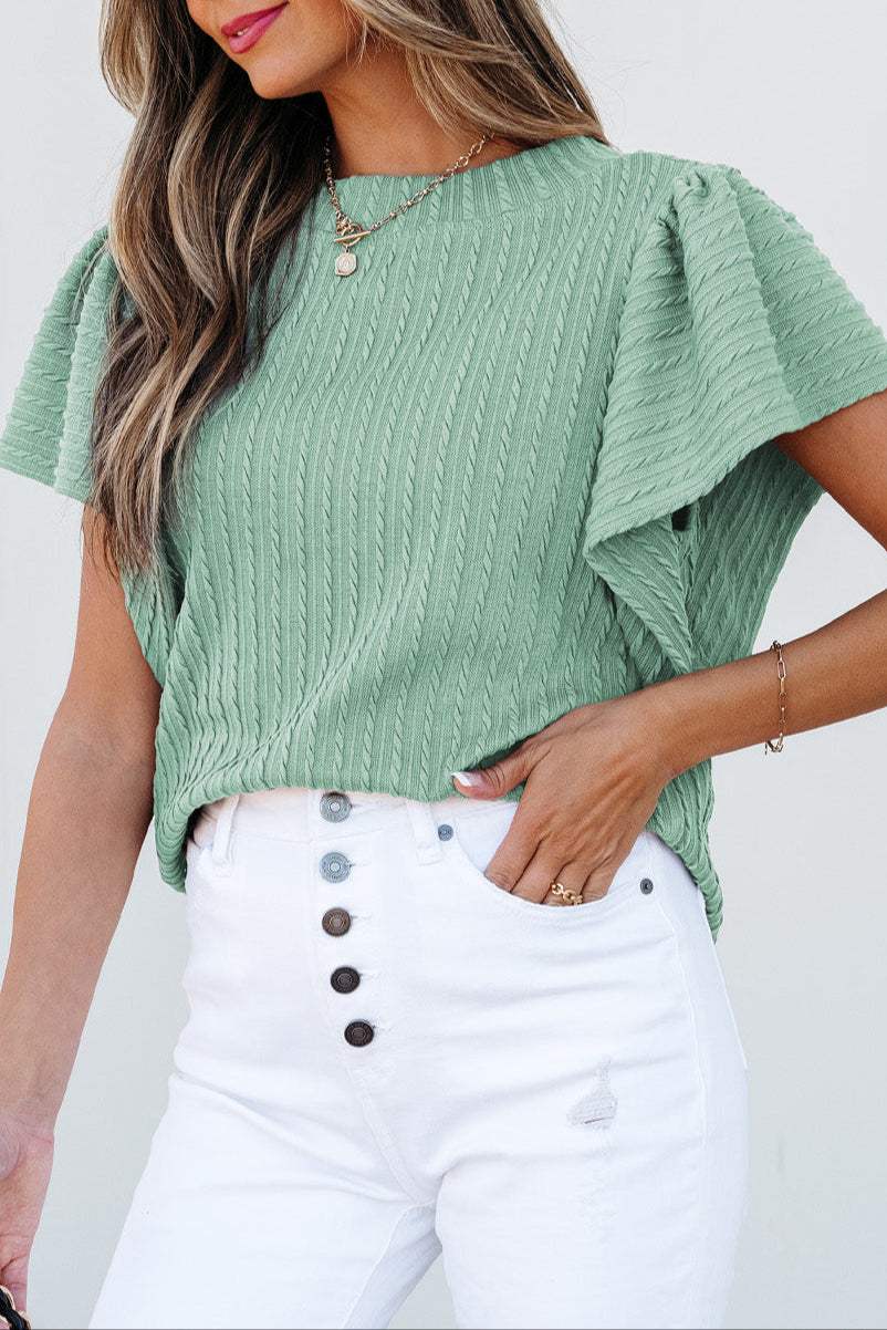 Solid Cable Textured Flutter Sleeve Top