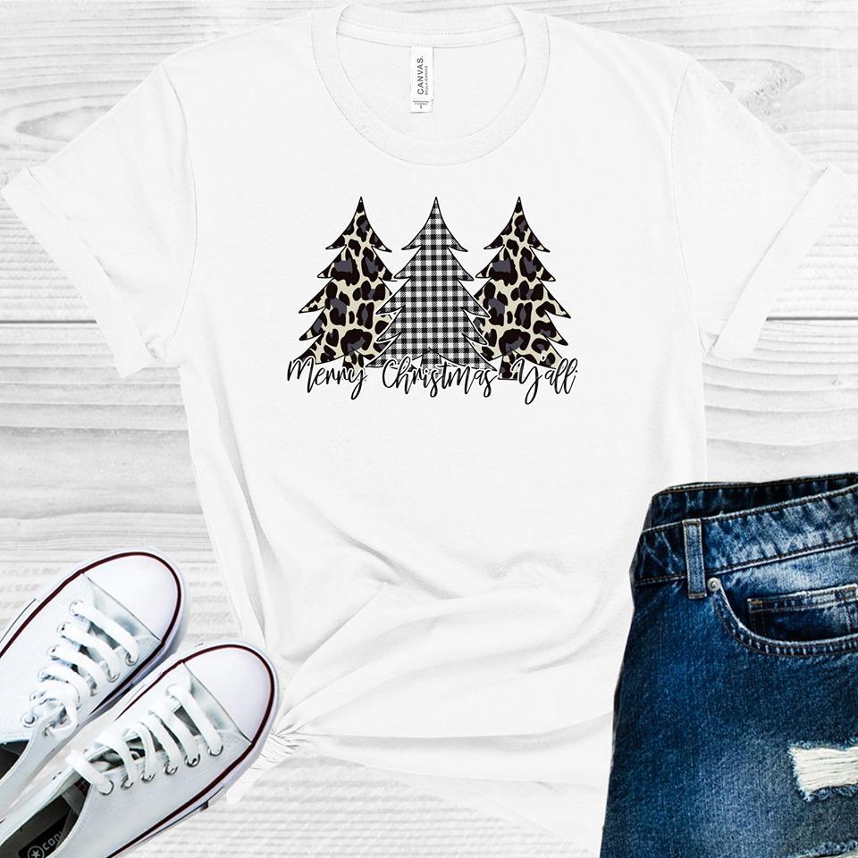 Merry Christmas Y'all Leopard Plaid Trees Graphic Tee