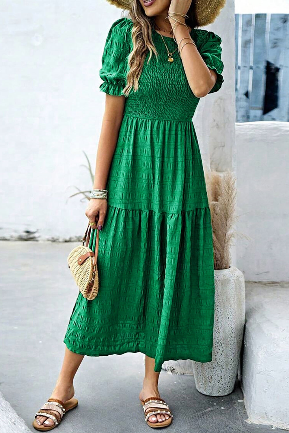 Smocked Short Sleeve Midi Dress