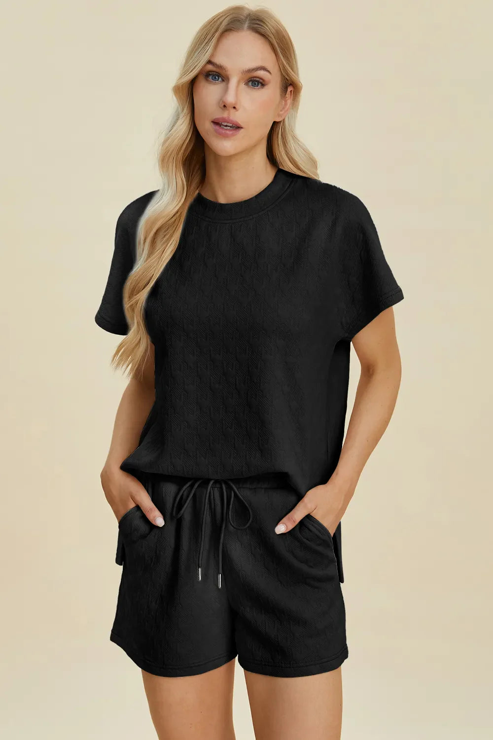 Double Take Full Size Texture Round Neck Short Sleeve Top and Shorts Set
